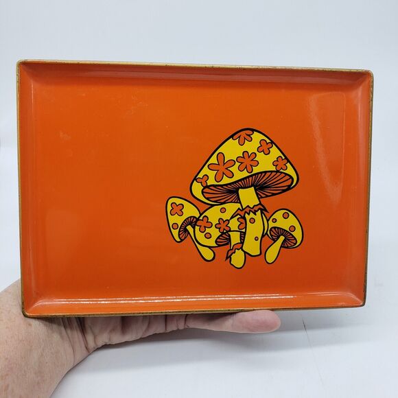 RARE Vintage 1970's Takahashi of Japan Orange Mushroom Drink Rolling Tray 5x7 - Picture 2 of 7